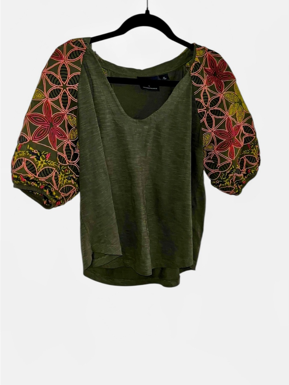 Maeve Anthropologie Bridey Short Sleeve Small Petite Embroidered Top Olive Green - Picture 2 of 6
